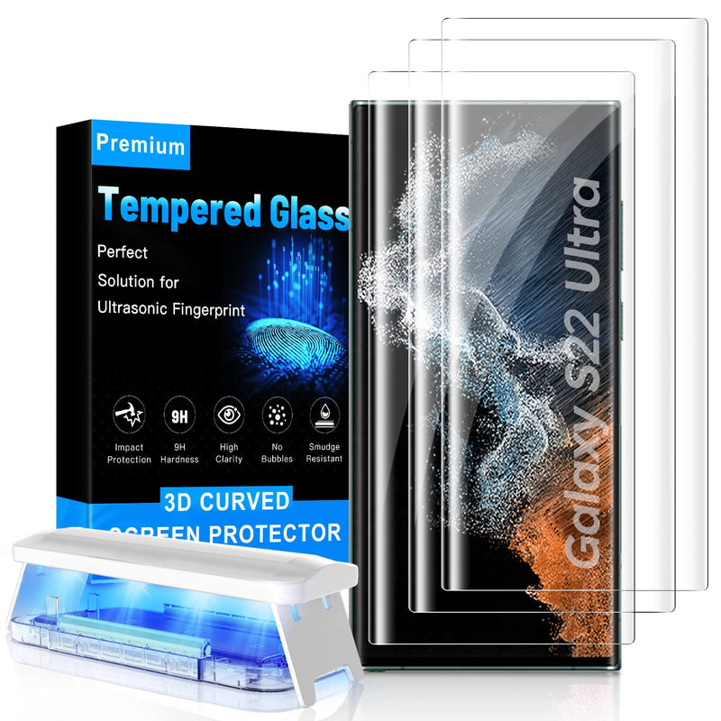 [Australia - AusPower] - Mowei [3-Pack] for Galaxy S22 Ultra Screen Protector [Fully Support Fingerprint & S Pen] 3D Curved Tempered Glass for Samsung S22 Ultra 5G [Impact & Scratch Protection] 
