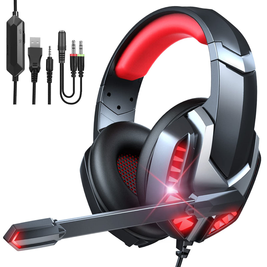 [Australia - AusPower] - Donerton Gaming Headset, Over-Ear Gaming Headphones with Noise Canceling Mic, Stereo Bass Surround Sound, Soft Memory Earmuffs LED Light PS4 Gaming Headset Compatible with PC, Laptop, PS4, PS5, Red 