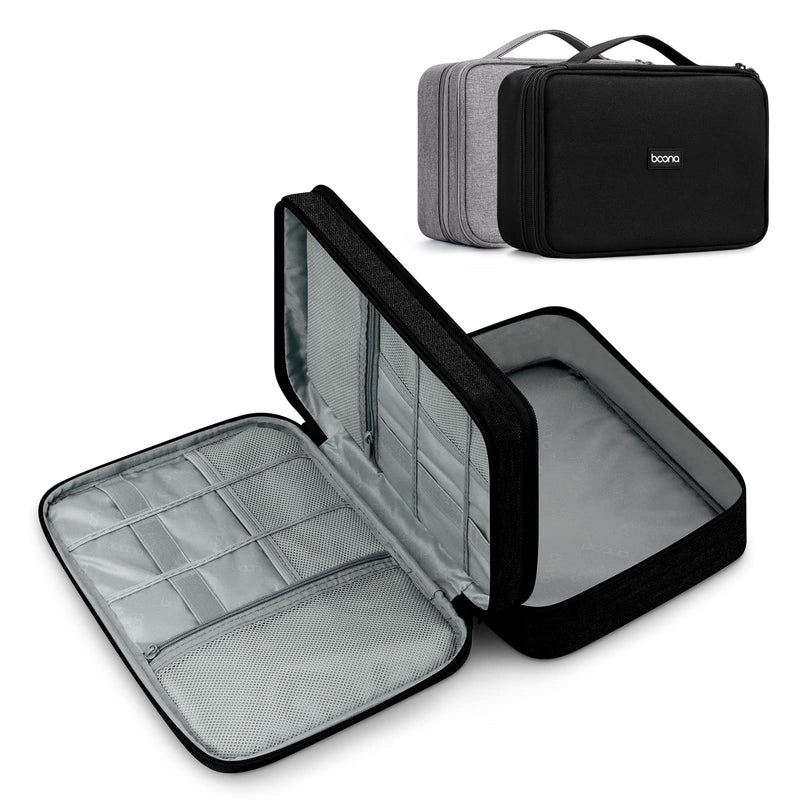 [Australia - AusPower] - Dual Electronics Travel Organizer Bag Double Layers Digital Accessories Carrying Case, Portable Cable Storage Bag for iPad Mini Power Bank Hard Disk Cell Phone Cord Charger, Black Double Layers L Electronic Accessories Storage 