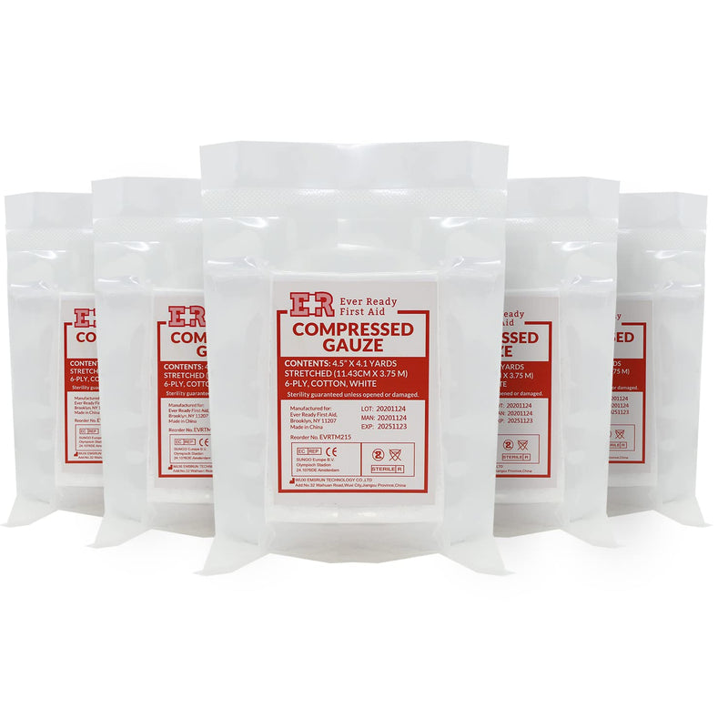 [Australia - AusPower] - Ever Ready First Aid Compressed Sterile Gauze, 6-Ply Emergency Medical Dressing for First Aid Kits, Hemostatic Control Bandage – 4.5” x 4.1 Yards - 5 Pack 
