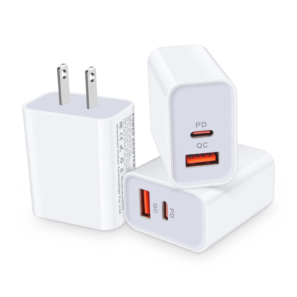 [Australia - AusPower] - USB C Wall Charger,Dual Port Charging Block Box Brick,3Pack 20W Fast Charging USB Plug Compatible for Samsung Galaxy A53 5G,A13,S22 Ultra,S21 FE 5G,A52,A42,S20,A32,A03S;iPhone 13 Pro/Min,12,SE,11,XR,8 3Pack-White 