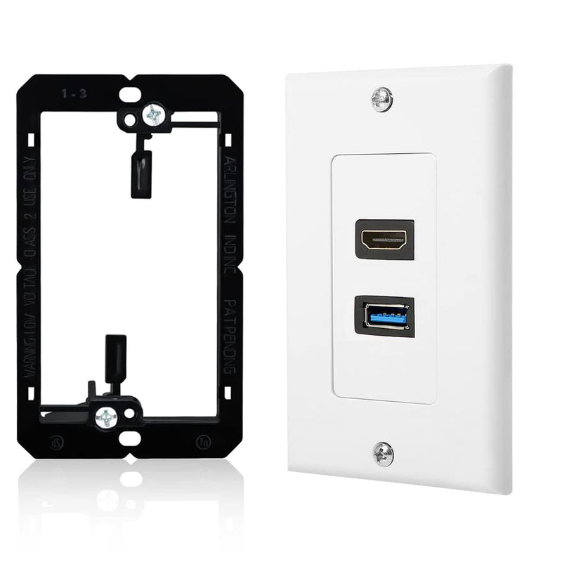 [Australia - AusPower] - HDMI USB Wall Plate with Low Voltage Mounting Bracket,USB 3.0 Charger & HDMI Port Receptacle for High Speed Charging,Wall Face Plate Plug Insert Panel Cable Mount Socket (1-Gang USB+HDMI),White 