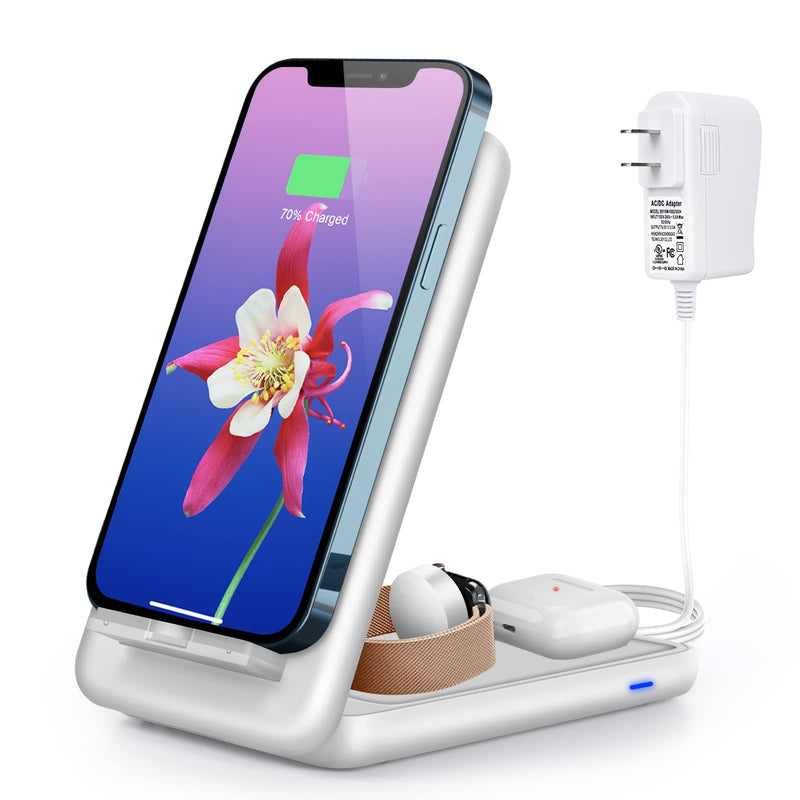 [Australia - AusPower] - Wireless Charger, Mildily Foldable 3 in 1 Fast Wireless Charging Station for iPhone 13/12/11 Series/XR/X/Xs/XS Max/8/8 Plus, Charging Stand Dock for iWatch, AirPods Pro/2(White) 