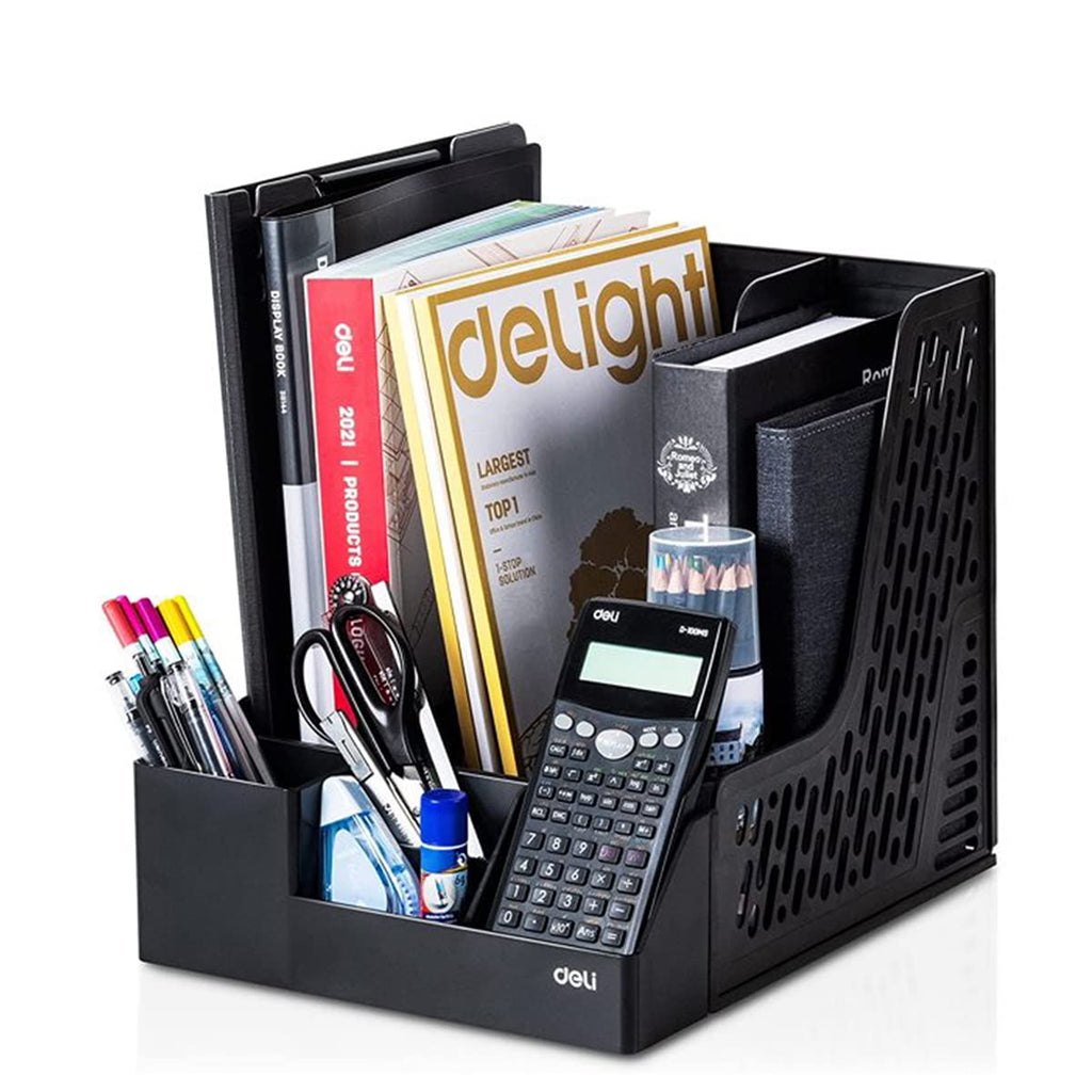 [Australia - AusPower] - Deli Magazine File Holder, Binder Organizer with Extra Storage Case, Easy to Assemble Vertical Document Folder, Plastic Magazine Holder for Office, Home and School Organization 3 Compartments A 