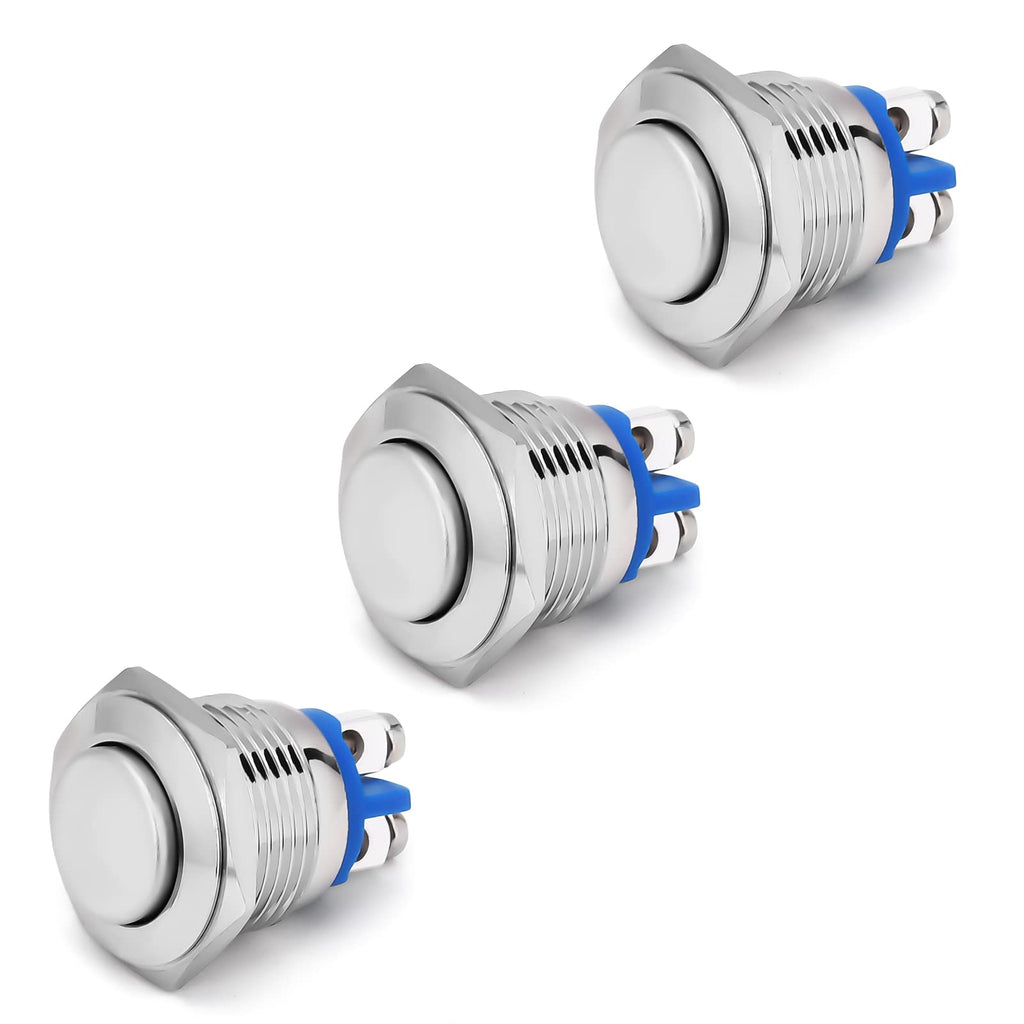 [Australia - AusPower] - 3pcs Momentary Push Button Switch, 19mm 3/4" Horn Button Switch with Screw Terminal, Waterproof Stainless Steel Metal Round Starter Power Switch 12V 24V 110V 250V 1NO SPST (High Round Head) 