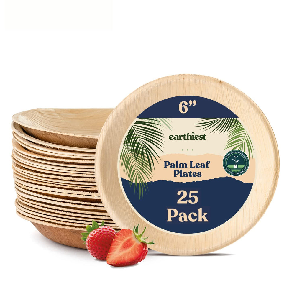 [Australia - AusPower] - Palm Leaf Plates - 6 Inch. Round Bamboo Like Disposable Plates, Eco Friendly Dinner Party Plates - Plastic and Wooden Plates Nice Compostable Alternative - Biodegradable Plates by Earthiest (25 Pack) 6 inch round 