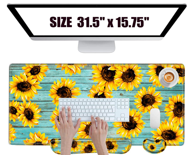 [Australia - AusPower] - Keyboard Wrist Rest and Desk Mats On Top of Desks- Sunflower Desk Pad Wrist Rests for Keyboard and Mouse 31.5" x 15.75" Large Mouse Pad XXL Desk Organization Decor for Women Office Sunflower Teal 