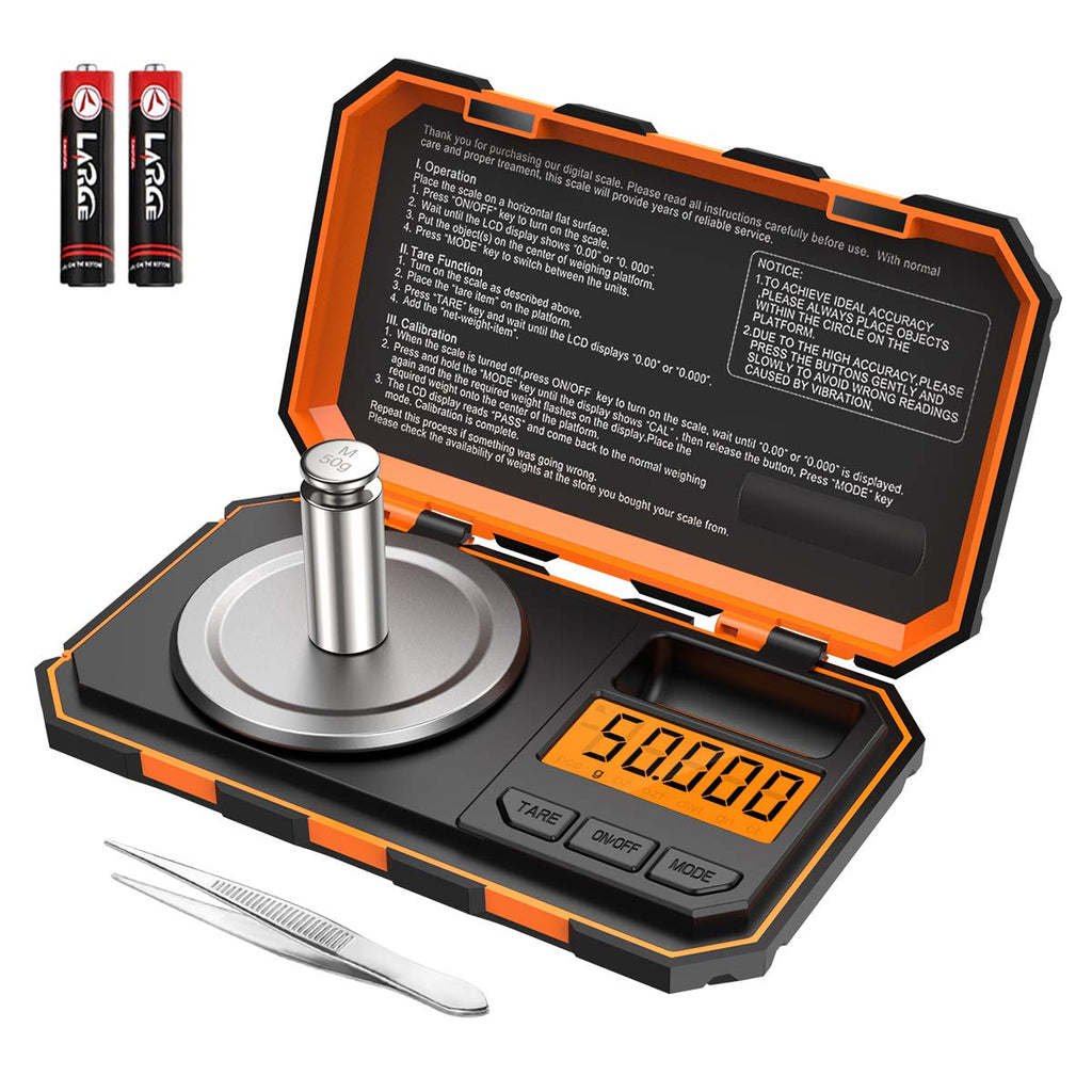 [Australia - AusPower] - ORIA Digital Pocket Scale, Digital Milligram Scale, 50g/ 0.001g Pocket Jewelry Scale with Tweezers, Calibration Weights, 6 Units, Backlit Display, Auto Off, Tare Function, (Battery Included), Orange 
