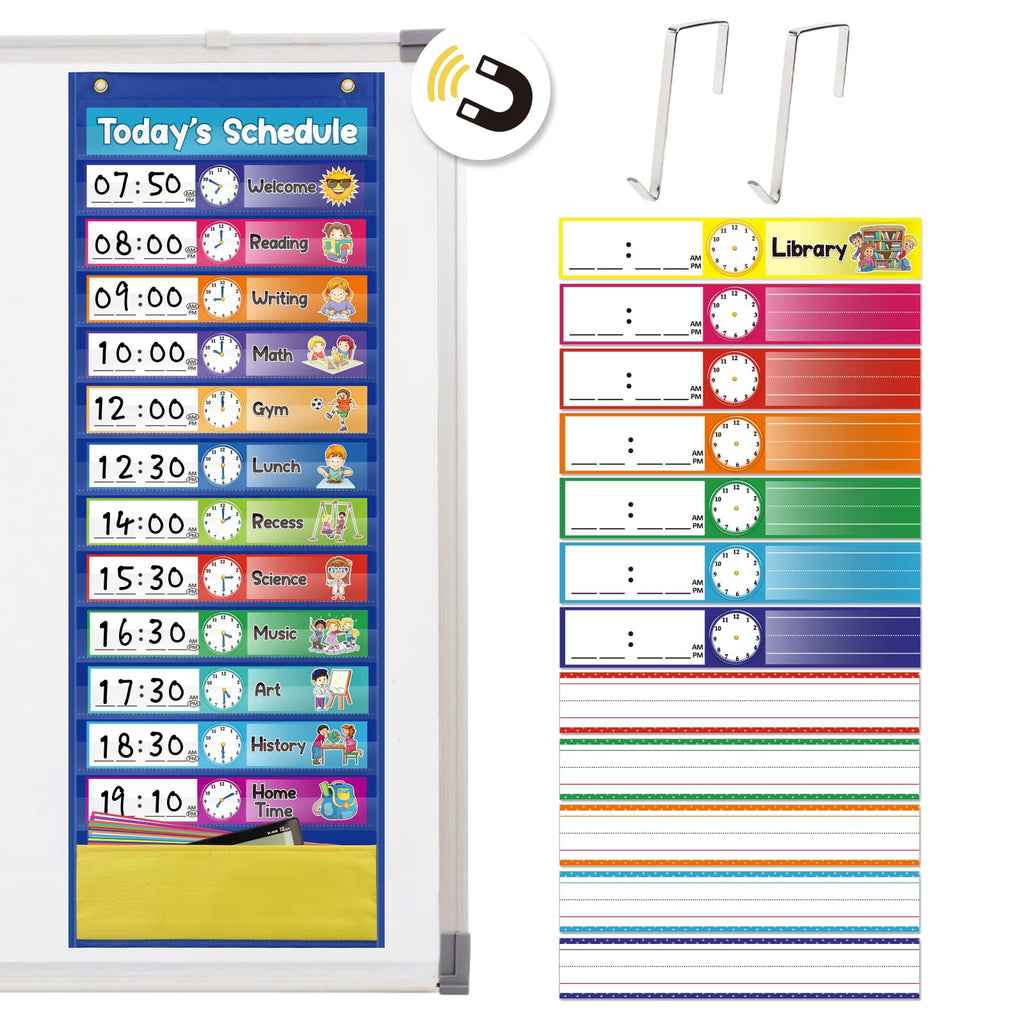 [Australia - AusPower] - Aizweb Magnetic Daily Schedule Pocket Chart， Classroom Schedule with 31 Cards, 13+1 Pockets. 14 Colored + 17 Blank Double-Sided Reusable Cards, Easy Over-Door Mountings Included 