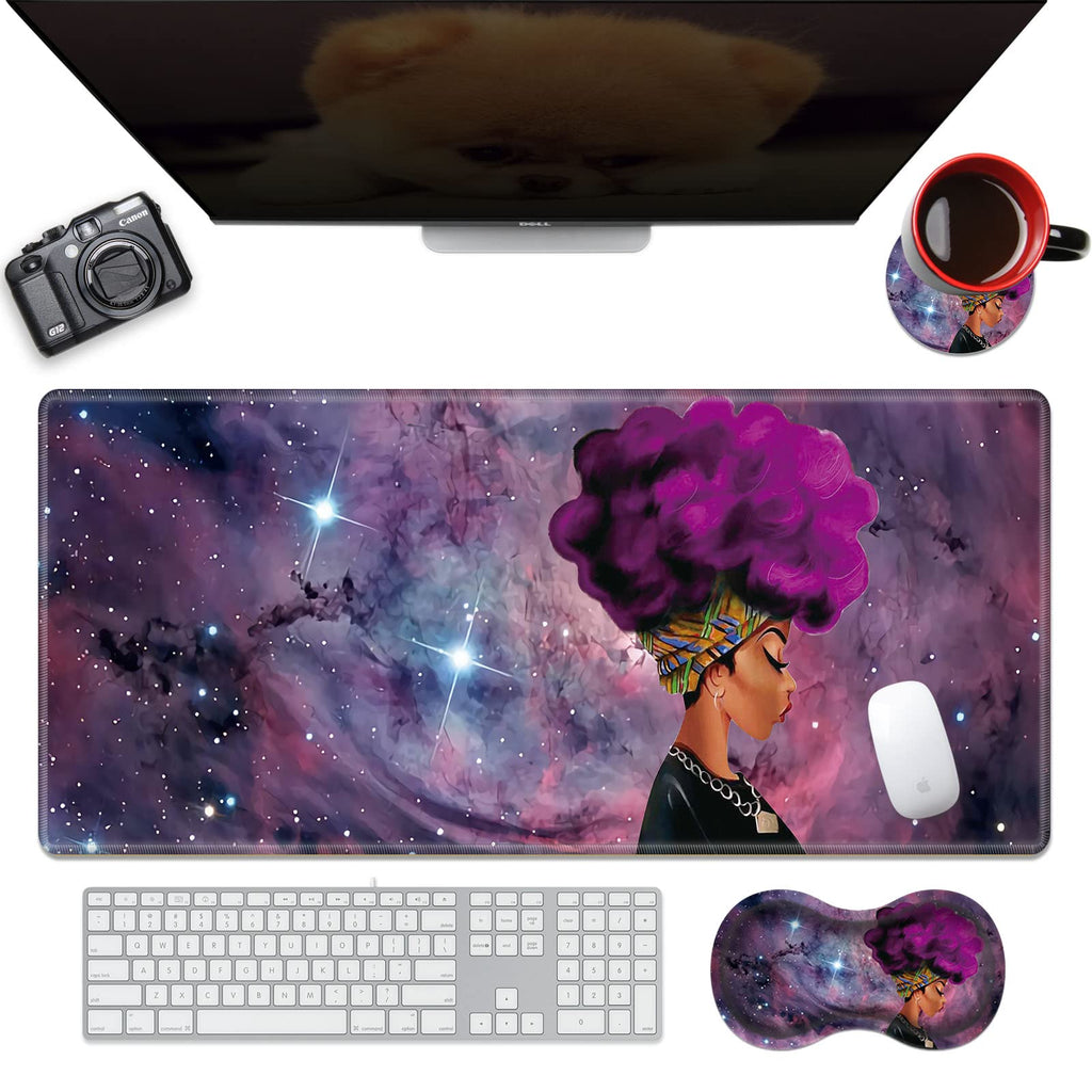[Australia - AusPower] - Large Gaming Mouse Pad + Wrist Rest + Coffee Coaster, Extended Waterproof Desk Mat with Stitched Edge 31.5"x11.8", Non-Slip Keyboard Desk Mat Pad for Office & Home, Galaxy Africa American Girl 