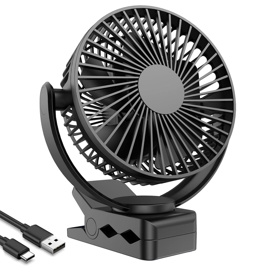 [Australia - AusPower] - ATEngeus USB Desk Fan, 5000mAh Rechargeable Portable Fan, 5 Inch Clip-on Fan, 3 speed strong airflow, Dual 360° Rotation, with USB data cable, Suitable for home, office and stroller. (black) TF-28B-5'' 