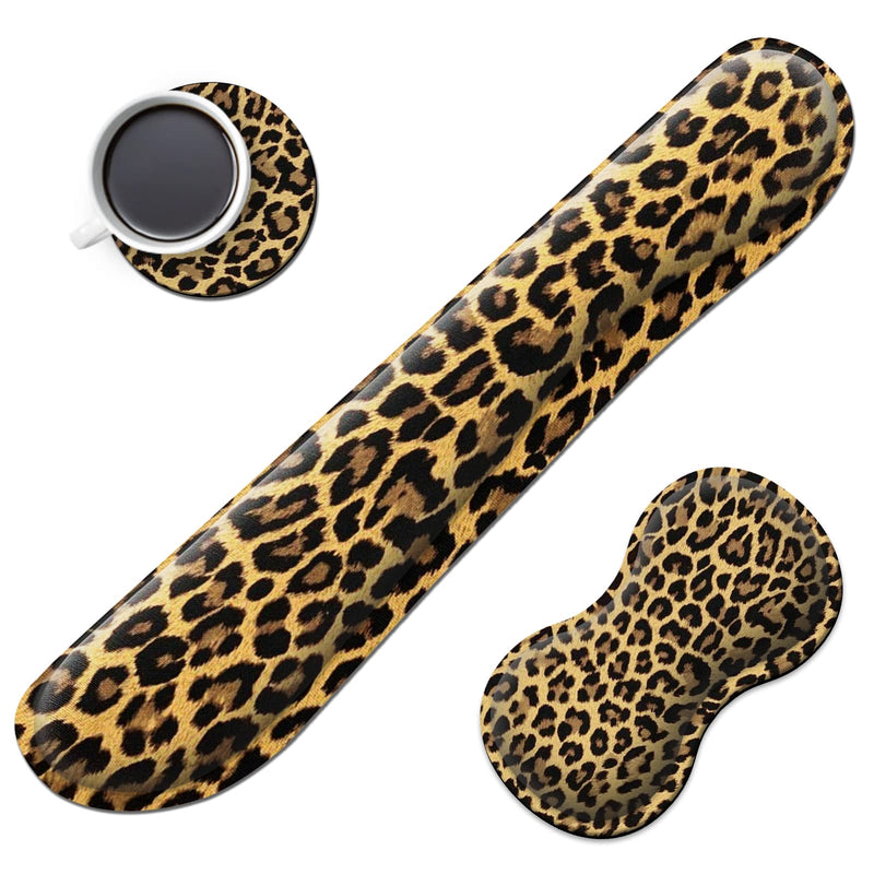 [Australia - AusPower] - Keyboard Wrist Rest + Mouse Wrist Rest + Coaster Set, Ergonomic Memory Foam Easy Typing Pain Relief, Wrist Support Pad for Keyboard and Mouse Computer Laptop, Leopard 