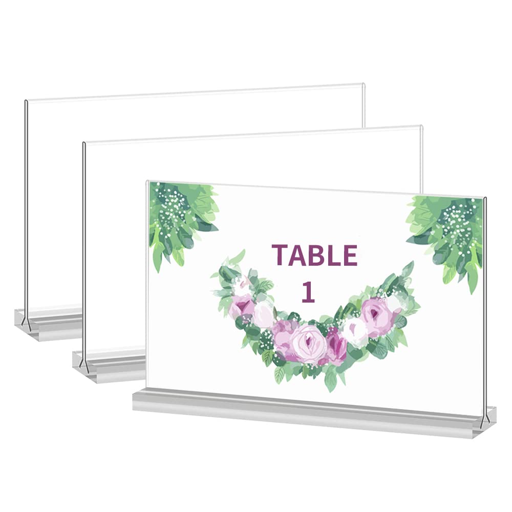 [Australia - AusPower] - Dancing Acrylic Sign Holder 4 x 6 Horizontal Double-Sided Clear Plastic Desktop T Shape Table Top Display Stand Frame for Wedding Number Card, Restaurant, Photos and Art (3 Pack) Horizontal-3 Pack 