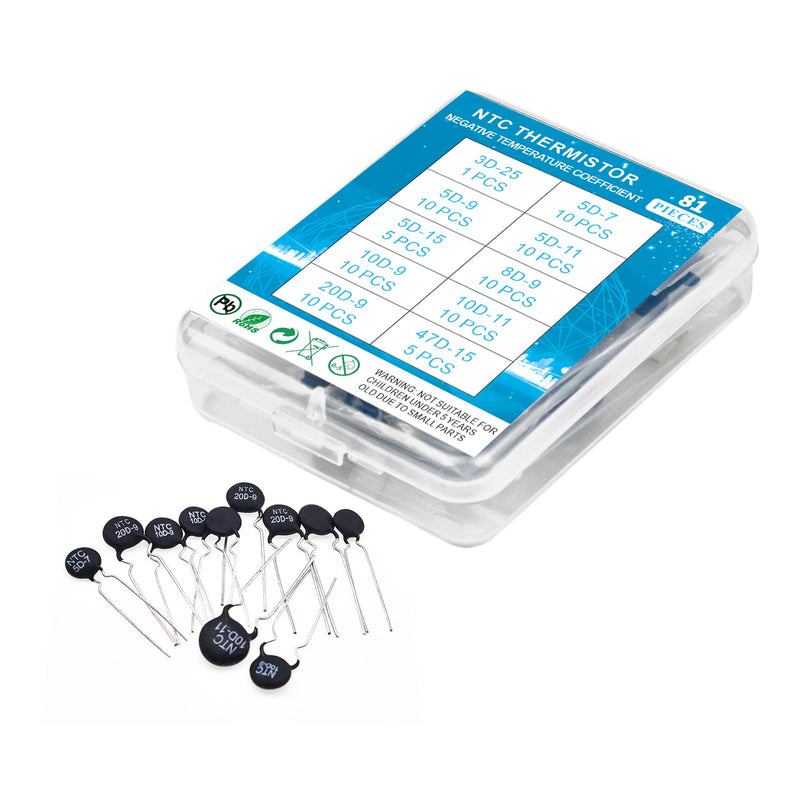 [Australia - AusPower] - KOKISO NTC Thermistor Resistors 10 Values 81 PCS Inrush Current Limiter Temperature Sensors Assorted Kit Assortment(3D-25,5D-7,5D-9,5D-11,5D-15,8D-9,10D-9,10D-11,20D-9,47D-15) 