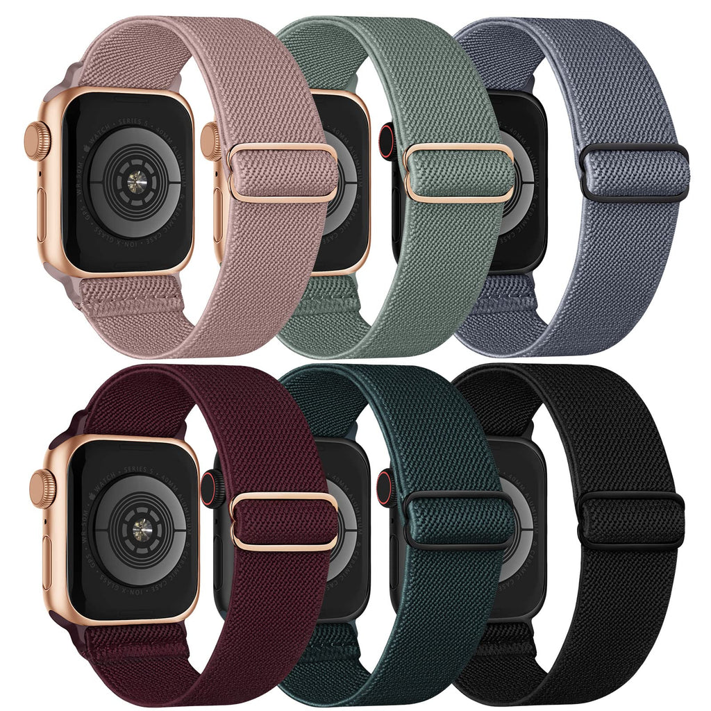 [Australia - AusPower] - Stretchy Solo Loop Bands Compatible with Apple Watch Band 38mm 40mm 41mm 42mm 44mm 45mm, Adjustable Braided Elastic Weave Nylon Women Men Wristbands Straps for iWatch Series7/6/5/4/3/2/1/SE, 6 Packs Black/Blue-Gray/Deep-Green/Wine/Dark-Pink/Turquoise 