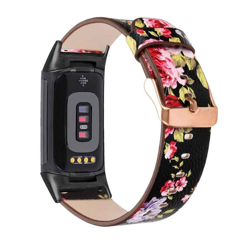 [Australia - AusPower] - Abanen Leather Bands for Fitbit Charge 5, Floral Print Soft Leather Women Wristband Strap with Stainless Steel Quick Release Compatible with Fitbit Charge 5 Black 