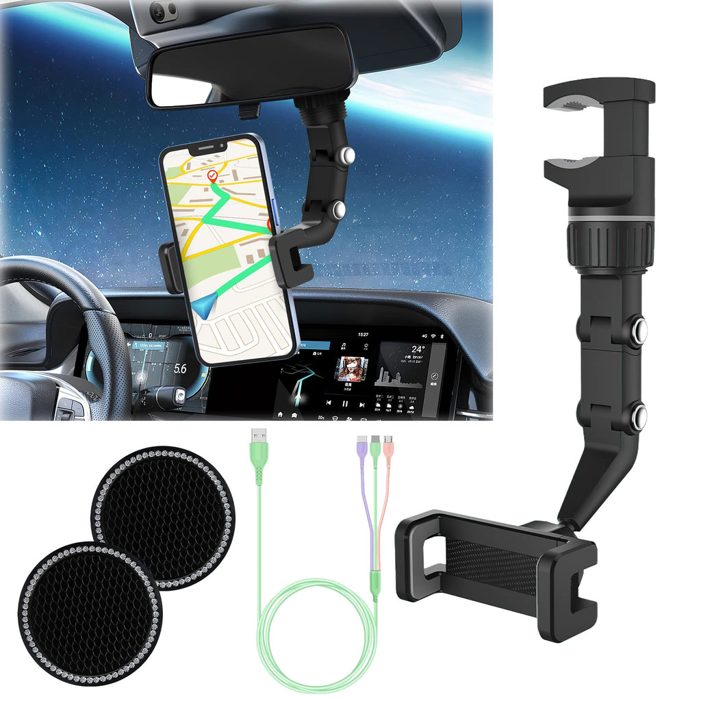 [Australia - AusPower] - New 360° Rearview Mirror Phone Holder, Car Rear View Mirror Mount Phone Holder and GPS Holder, Universal 360 Degrees Rotating Car Phone Holder, Cell Phone Automobile Cradles (Cable+ 2pcs Car Coaster) Black 