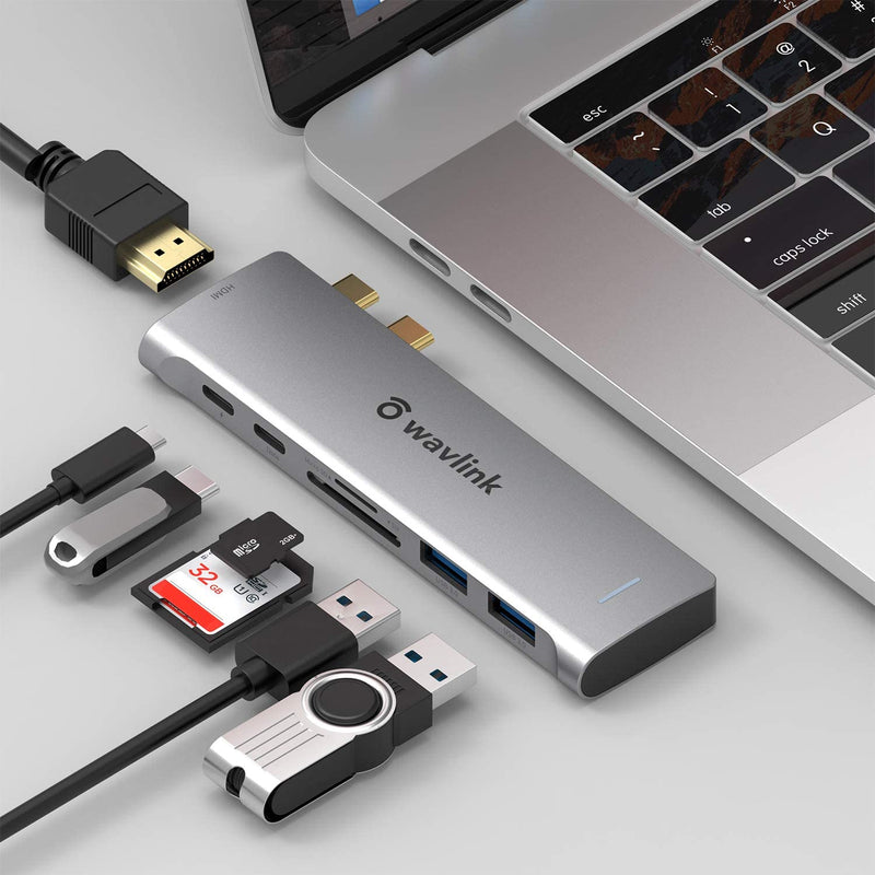 [Australia - AusPower] - WAVLINK USB C Hub Adapter for MacBook Pro 2016-2020/Air 2018-2020, 7-in-2 Type C Hub Mini Docking Station with 4K HDMI, 2 USB 3.0, SD/TF Card Reader, Thunderbolt 3 100W PD Port 