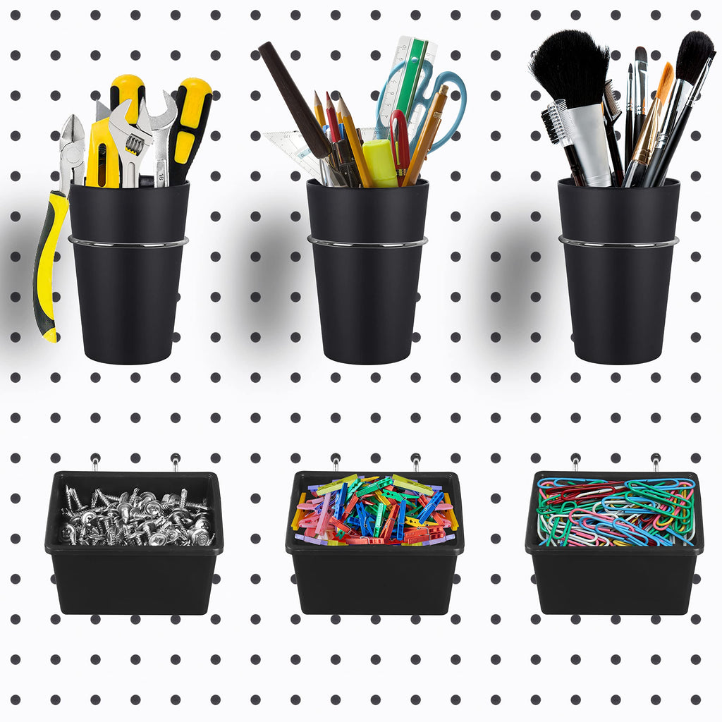 [Australia - AusPower] - 6 Sets Pegboard Bins Pegboard Cups with Hooks, Pegboard Hooks Assortment, Hooks for Pegboard Cup Holder for Organizing Accessories Tools Storage Office Workshop Garage Workbench Black 