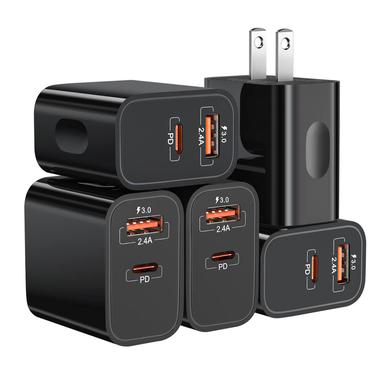 [Australia - AusPower] - 20W USB C Fast Charger+Quick Charger 3.0 Wall Charger, Bangfun 5 Pack Dual Port PD Fast Charging Block Power Adapter Compatible iPhone 13/12/11 Pro Max, XR/XS/SE/8/7 Plus, Samsung S21/S10 (Black) Black 