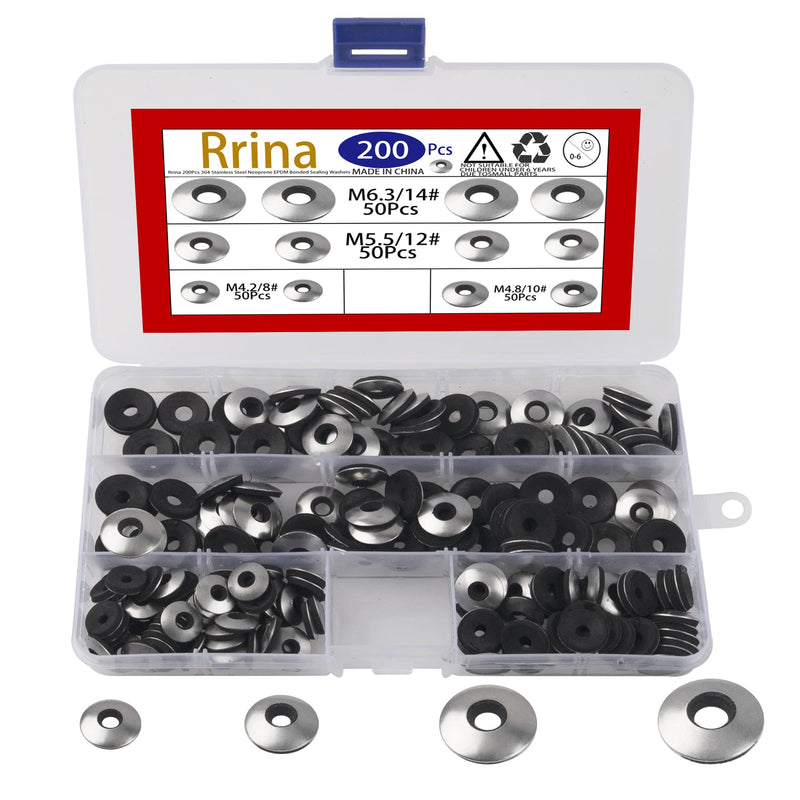 [Australia - AusPower] - Rrina 200Pcs 304 Stainless Steel Neoprene EPDM Bonded Sealing Gasket Washers Assortment Kit for 8#/10#/12#/14# Screws 