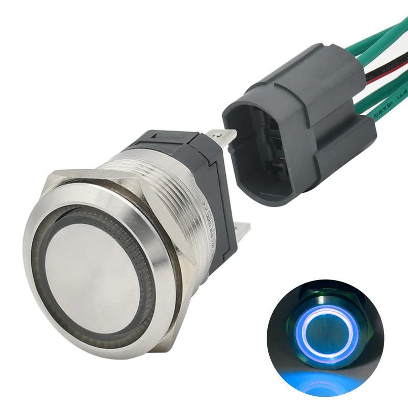 [Australia - AusPower] - 22mm Push Button Switch 15A 24V Latching Momentary 2NO DPST Angel Eye LED Stainless Steel Round Self-Locking 7/8'' with Wire Socket Blue Latching 12V 