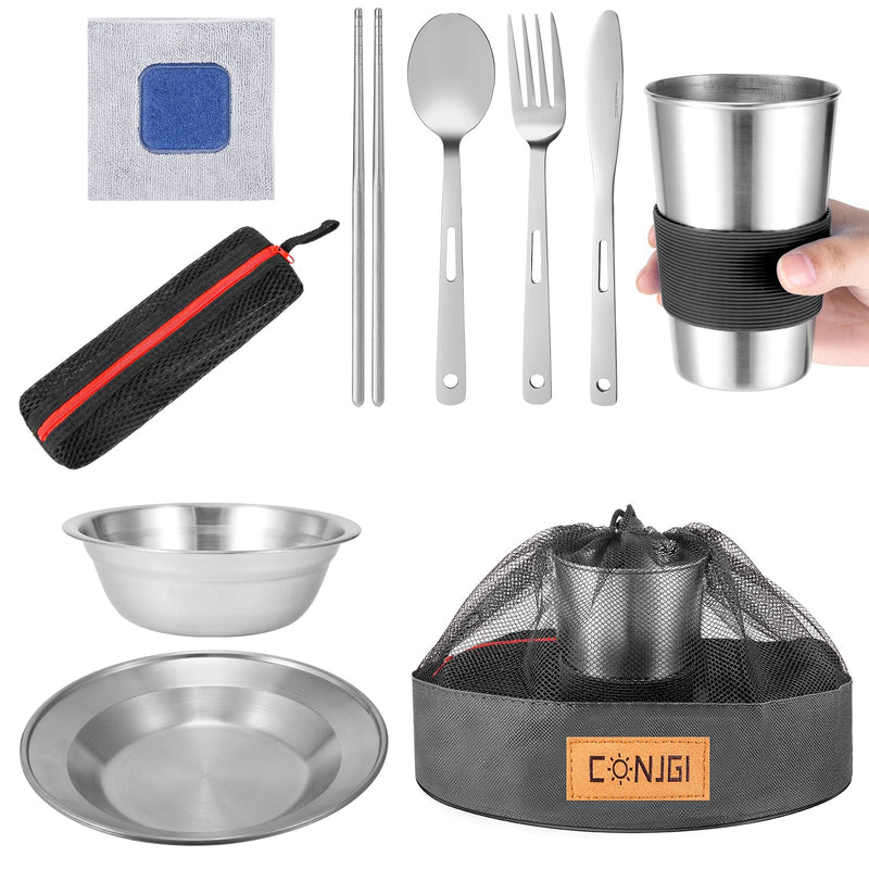 [Australia - AusPower] - Outdoor Camping Mess Kit - 1 to 2 Persons Camping Dishes Includes Cups, Bowls, Dishes, Knives, Forks, Spoons, Etc, Camping Dinnerware Set with Mesh Bag is Easy to Carry Camping Tableware Set 