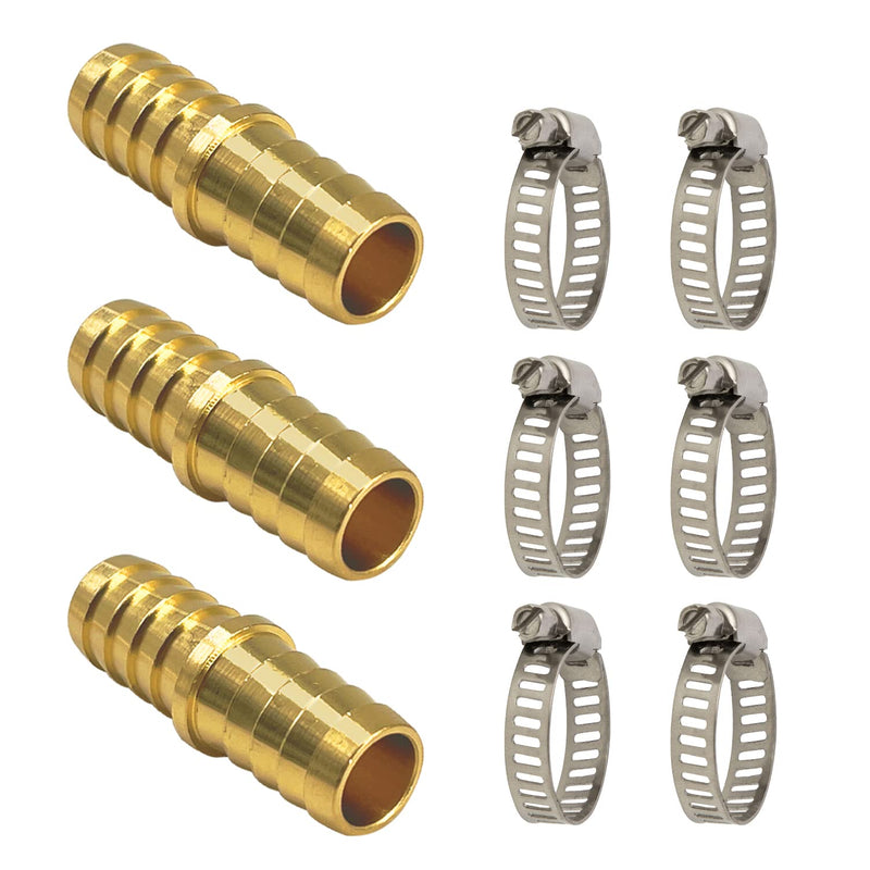 [Australia - AusPower] - LIONMAX Hose Barb Fitting 3 PCS, 5/8 Inch to 5/8 Inch Barb Hose ID, Barb Splicer Mender, Brass Barb Union Hose Fittings, with 6 Hose Clamps, for Air/Water/Fuel/Oil 