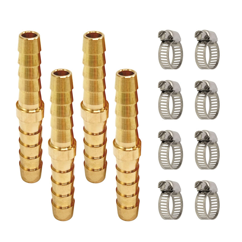 [Australia - AusPower] - Brass Barb Union Fittings, LIONMAX Barb Splicer Mender Hose Fittings 4 PCS, 1/4 Inch to 1/4 Inch Barb Hose ID, with 8 Hose Clamps, for Air/Water/Fuel/Oil 