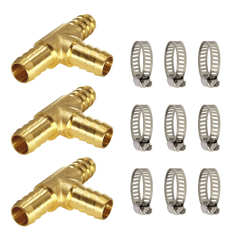 [Australia - AusPower] - LIONMAX Brass Hose Barb Tee Fittings 3 PCS, 5/8" x 5/8" x 5/8" ID Hose Barb, 3 Way Union Barb T Fitting, with 9 Hose Clamps, for Water/Fuel/Air 