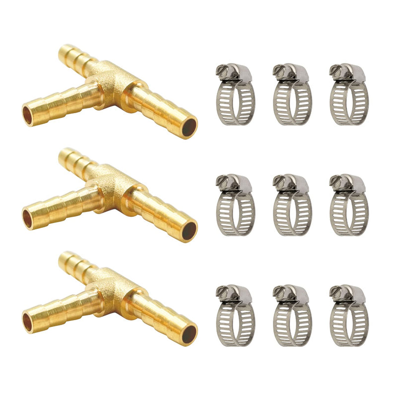 [Australia - AusPower] - LIONMAX Brass Hose Barb Tee Fittings 3 PCS, 3 Way Union Barb T Fitting, 1/4" x 1/4" x 1/4" ID Hose Barb, with 9 Hose Clamps, for Water/Fuel/Air 