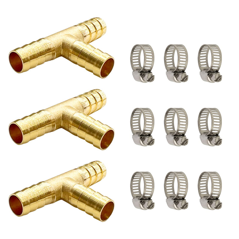 [Australia - AusPower] - LIONMAX Barb Tee Fittings 3 PCS, 3/8" x 3/8" x 3/8" ID Hose Barb, Brass Hose Barb T Fitting 3 Way Union Fittings, with 9 Hose Clamps, for Water/Fuel/Air 