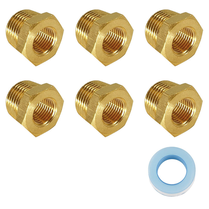 [Australia - AusPower] - LIONMAX Brass Pipe Fittings 6 PCS, 1/2 Inch NPT Male X 1/4 Inch NPT Female, Hex Bushing Reducer Threaded Adapter, with Sealing Tape 
