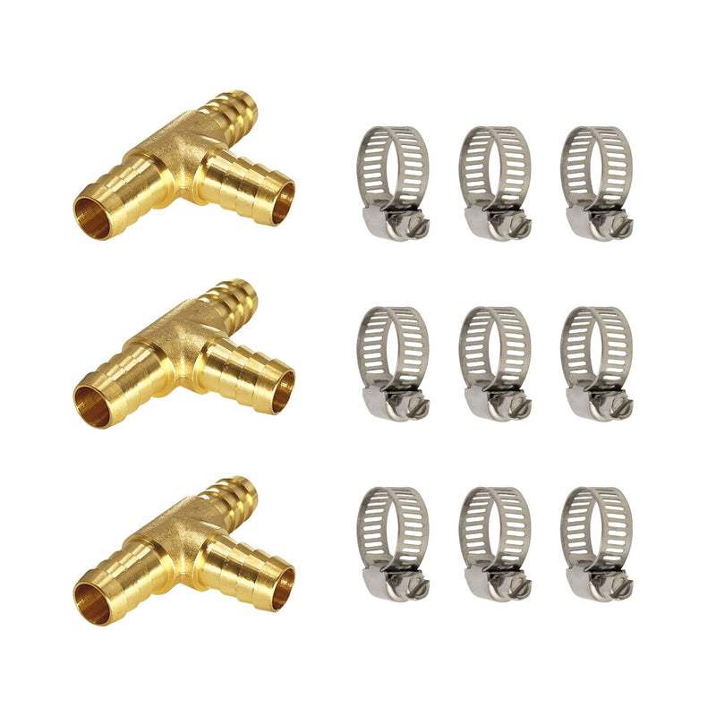 [Australia - AusPower] - LIONMAX 3 Way Union Barb T Fitting 3 PCS, 5/16" x 5/16" x 5/16" ID Hose Barb, Brass Hose Barb Tee Fittings, with 9 Hose Clamps, for Water/Fuel/Air 