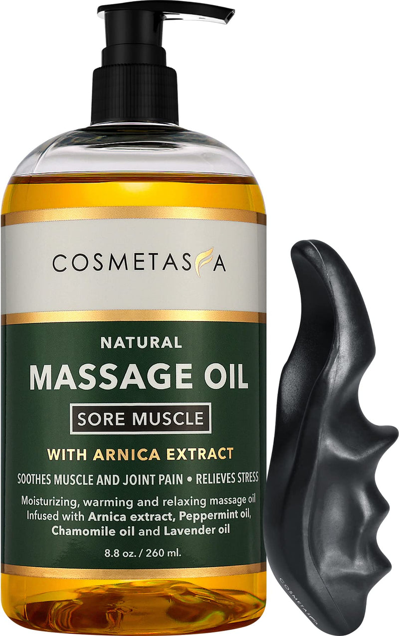 [Australia - AusPower] - Cosmetasa Sore Muscle Massage Oil with Deep Tissue Massager - Thumb Saver and Oil Soothes Muscle and Joint Pain with Arnica Extract, Peppermint, Chamomile, and Lavender Oil 8.8 Fl Oz 