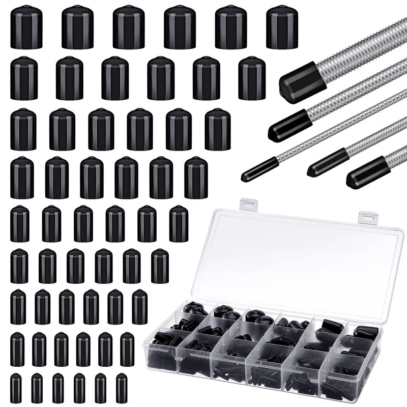 [Australia - AusPower] - 300 Pieces Rubber Flexible End Caps Screw Safety Cover 9 Sizes Bolt Screw Caps Form 0.08 to 0.8 Inch and 1 Storage Box Thread Protector for Furniture Foot Pipe Tube (Black) Black 