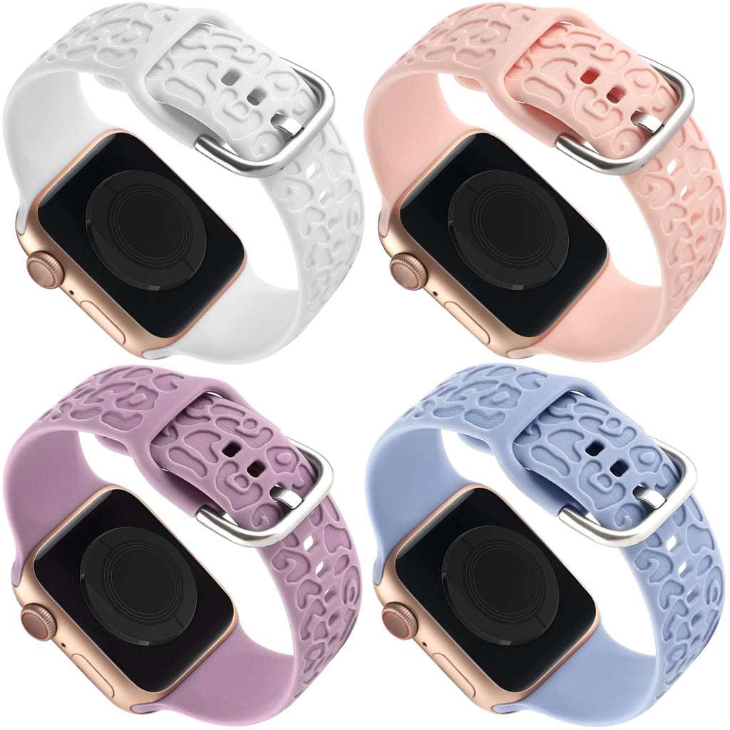 [Australia - AusPower] - 4 Pack Leopard Engraved Strap Compatible with Apple Watch Band 38mm 40mm 41mm,Women Men Silicone Animal Cheetah Accessories Sport Strap Wristbands for iWatch Series 7 6 5 4 3 2 1 SE 38/40/41mm White/Pink Sand/Lavender Purple/Lilac Blue 