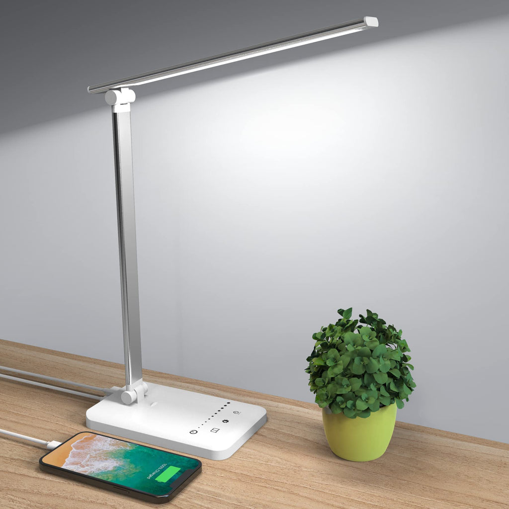 [Australia - AusPower] - Azhien LED Desk Lamp,Dimmable Desk Light with USB Charging Port,5 Lighting Modes x 5 Brightness Levels,Modern Eye-Caring Bright Table Lamp with Touch Control, Timer 45 Min for Working,Studying-White White 