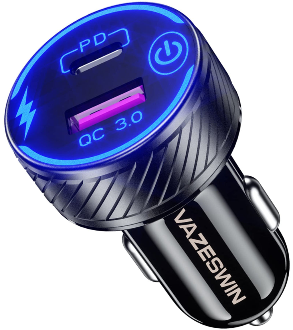 [Australia - AusPower] - VAZESWIN USB C Car Charger, QC3.0 & PD Type C Dual Port Fast Car Charger Adapter, 30W 5A Quick Charge Car Phone Charger with Blue LED & Touch Switch 