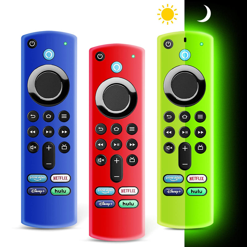 [Australia - AusPower] - (3 Pack) ONEBOM Firestick Remote Cover 3rd Gen with Alexa Voice Remote 4K/4K Max,Fire TV Stick Cover Glow in The Dark,Anti Slip Silicone Protective Case with Lanyard(Glow Green&Blue&Red) Glow Green&Red&Blue 