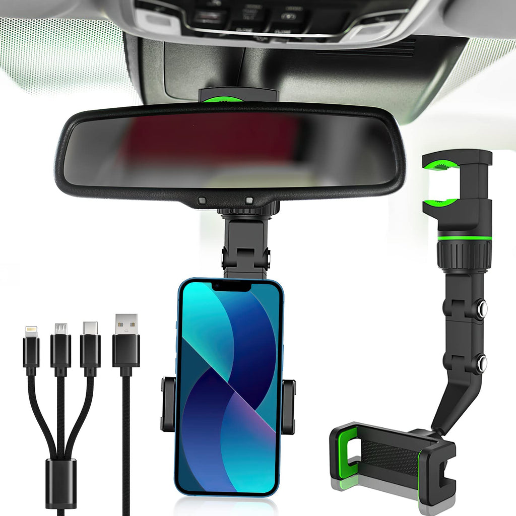 [Australia - AusPower] - 360° Rear View Mirror Phone Holder, Multifunctional Rearview Mirror Phone Holder with 3 in 1 Charging Cable, 360 Degrees Rotating Car Phone Holder GPS Holder Universal Car Phone Stand for Most Phones Mirror phone holder with Charging Cable 