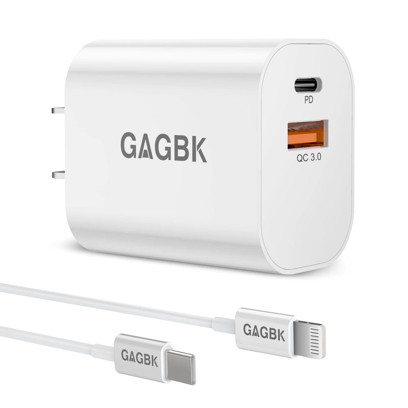 [Australia - AusPower] - USB C Wall Charger, GAGBK 20W Fast Charger, Dual-Port iPhone 12 13 Charger, PD and QC3.0, Compatible for iPhone 13/13 Mini/13 Pro/13 Pro Max/12/11 and More (with Type-C Cable) White 