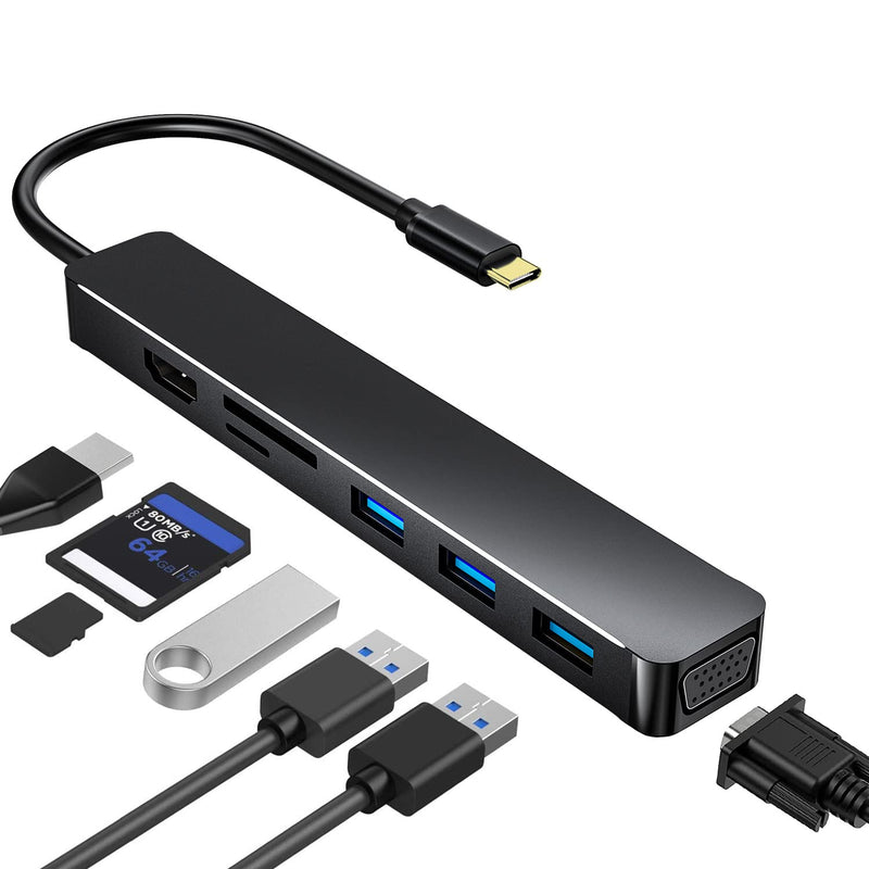 [Australia - AusPower] - pobod USB C Hub Multiport Adapter, 7-in-1 USB C Adapter, with 4K USB C to HDMI, VGA, 3 USB 3.0, SD/TF Card Reader, USB C Dock Compatible with for MacBook Pro, MacBook Air, iPad Pro, XPS Black 