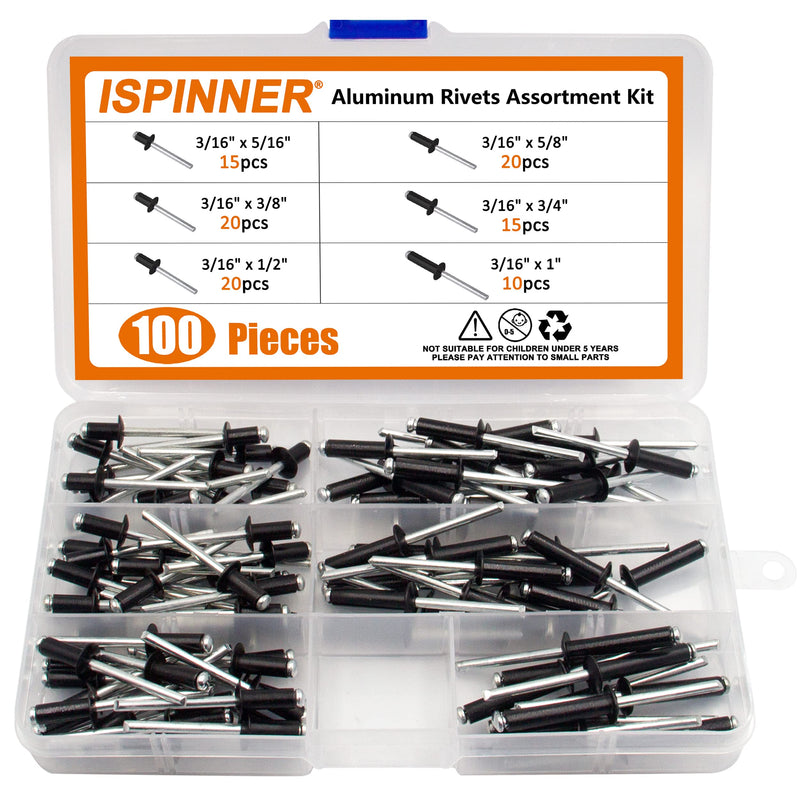 [Australia - AusPower] - ISPINNER 100pcs 6 Sizes Aluminum Blind Rivets, Pop Rivets Assortment Kit 3/16" x (5/16" 3/8" 1/2" 5/8" 3/4" 1") (Black) Black 