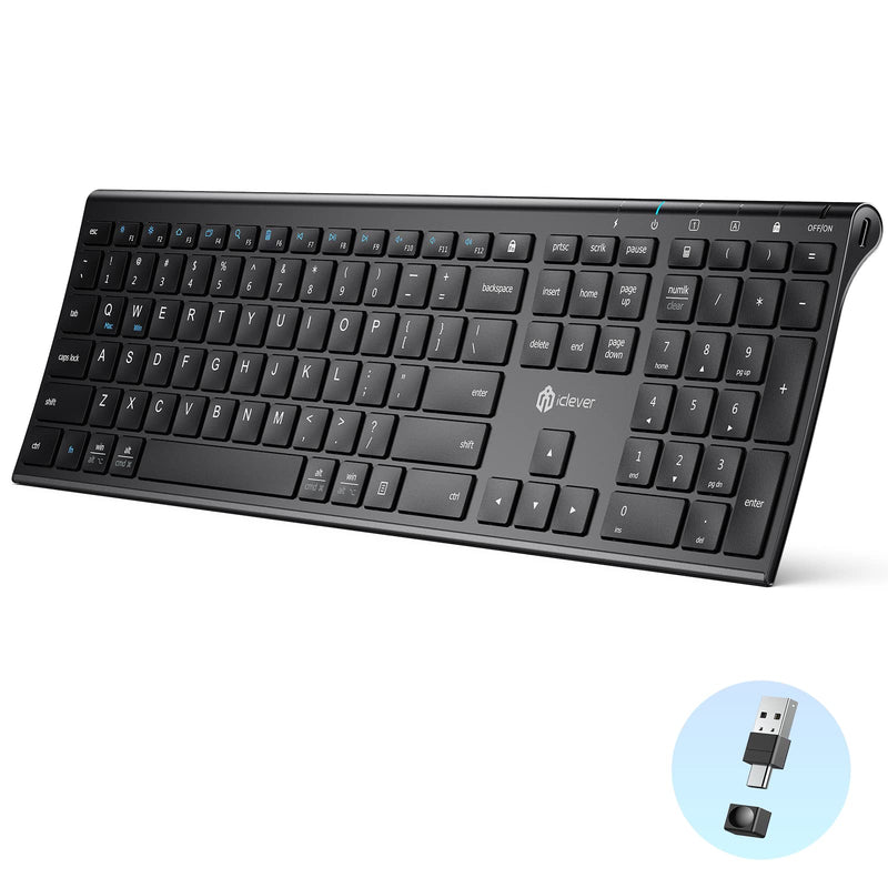 [Australia - AusPower] - iClever GK20 2.4G Wireless Keyboard, USB-C Rechargeable Stainless Steel Ultra Slim Full Size Keyboard with Numeric Keypad for Windows 7/8/10, Mac, Chromes OS, iMac, MacBook Air/Pro, Laptop, Desktop PC Black 