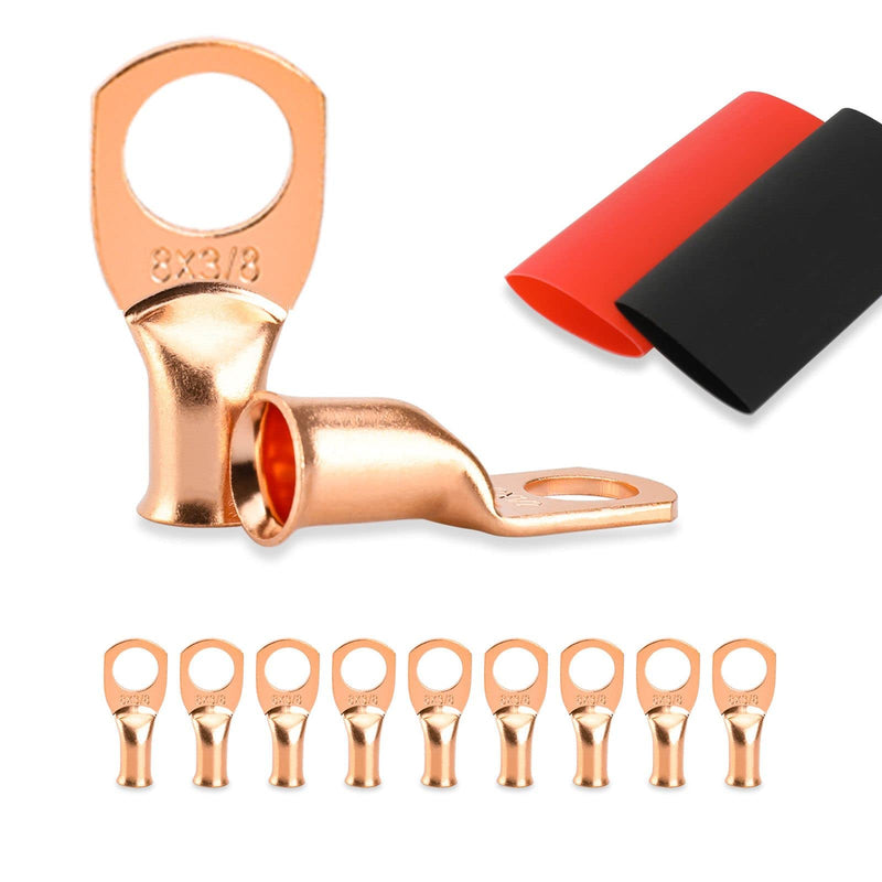 [Australia - AusPower] - 10PCS Battery Cable Ends, 8 Gauge Wire Connectors 3/8 Copper Wire Lugs, Bare Copper Eyelets with Heat Shrink Tubing by HOUSUN 8AWG*3/8"(M10) 10PCS 