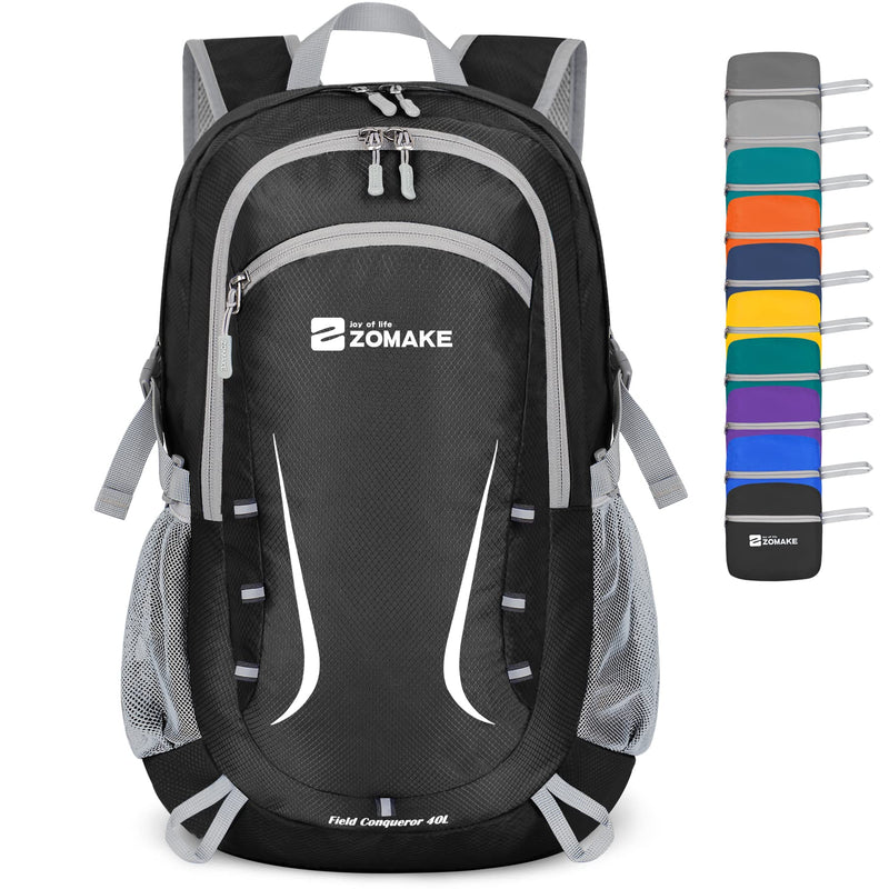 [Australia - AusPower] - Packable Hiking Backpack Water Resistant,40L Lightweight Daypack Foldable Backpack for Travel,By Zomake Black 