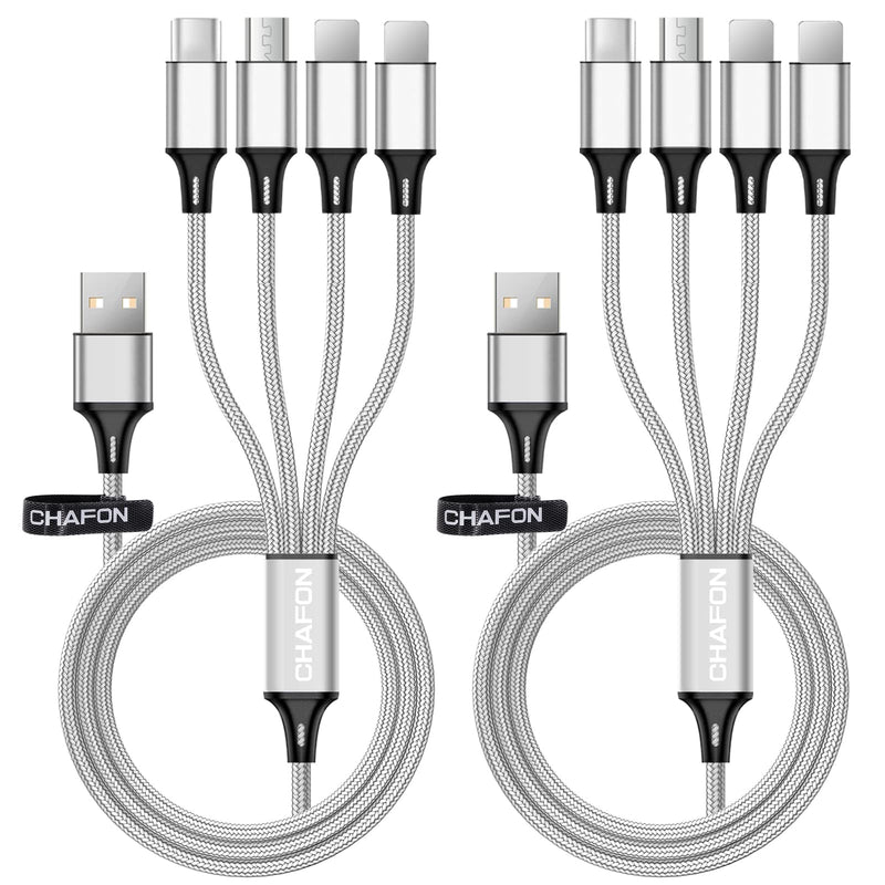 [Australia - AusPower] - CHAFON Multi Charging Cable 6FT/1.8M 4 in 1 Nylon Braided Multiple USB Fast Charger Cord Adapter Type C Micro USB Port Connectors Compatible Cell Phones Tablets Samsung Galaxy LG (Silver) 