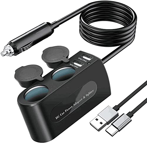 [Australia - AusPower] - 90W 2-Socket Car Cigarette Lighter Splitter Car Charger Adapter 12V/24V DC Outlet, 3.1A Dual USB Car Charger with Extension Cord for Cell Phone, Tablet, GPS, Dash Cam (with a 1M USB-C Cable) 