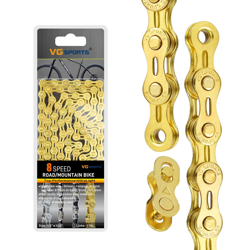 [Australia - AusPower] - VG SPORTS 6/7/8/9/10/11 Speed Bike Chains,Half Hollow/Full Hollow Lightweight Bicycle Chains for Road Bike/MTB/BMX,Silver/Gold/Titanium/Rainbow 116 Links with Missing Link 6/7/8Speed-Half Hollow Gold 1 